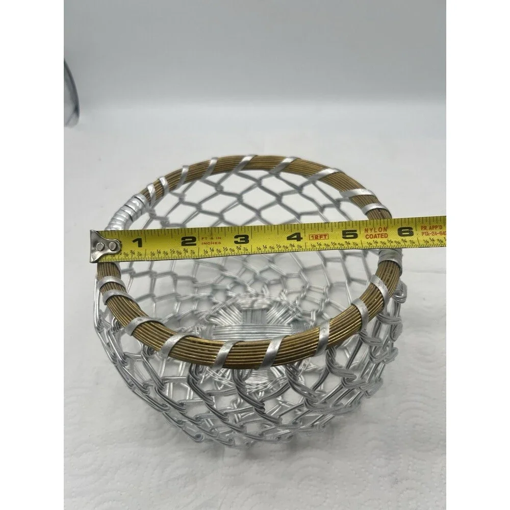 Vintage Brutalist WireBasket Woven Aluminum & Brass Mid-Century MCM Bowl 6.5